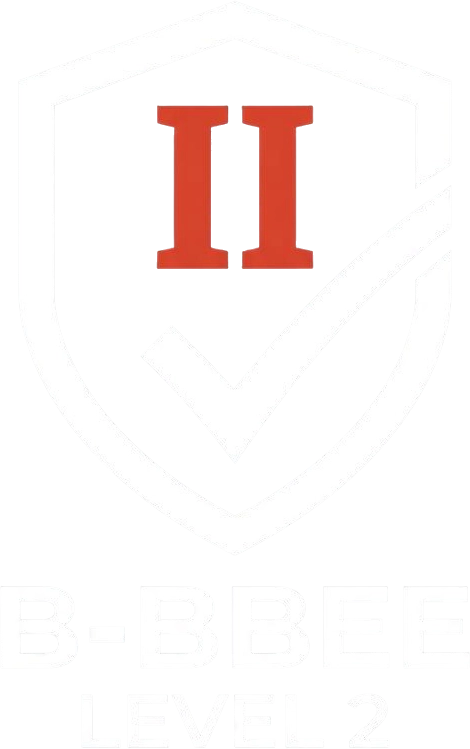 B-BBEE Level 2 badge featuring a white shield outline, a red Roman numeral II, and a white checkmark on a dark background.