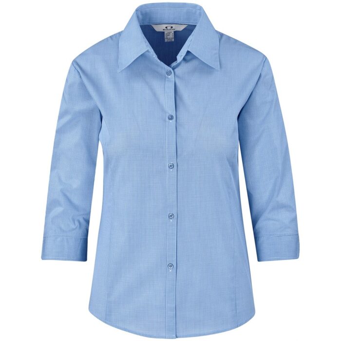 Ladies 3/4 Sleeve Micro Check Shirt - Light Blue - Image 2