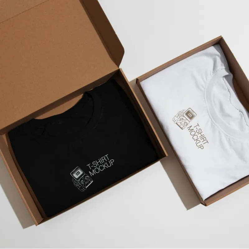 Branded t-shirts neatly folded in premium gift boxes, ready for presentation as stylish corporate gifts.