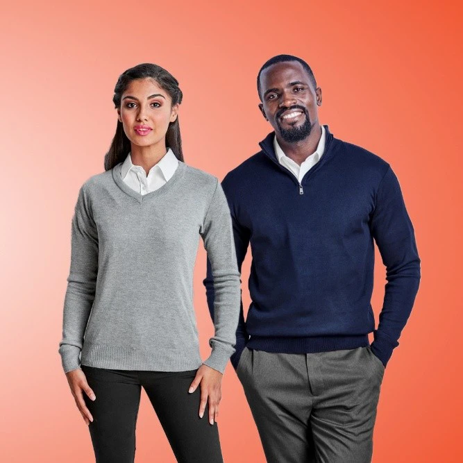 Diverse men and women wearing formal corporate clothing, including knitwear and bottoms, representing professional branded apparel options.