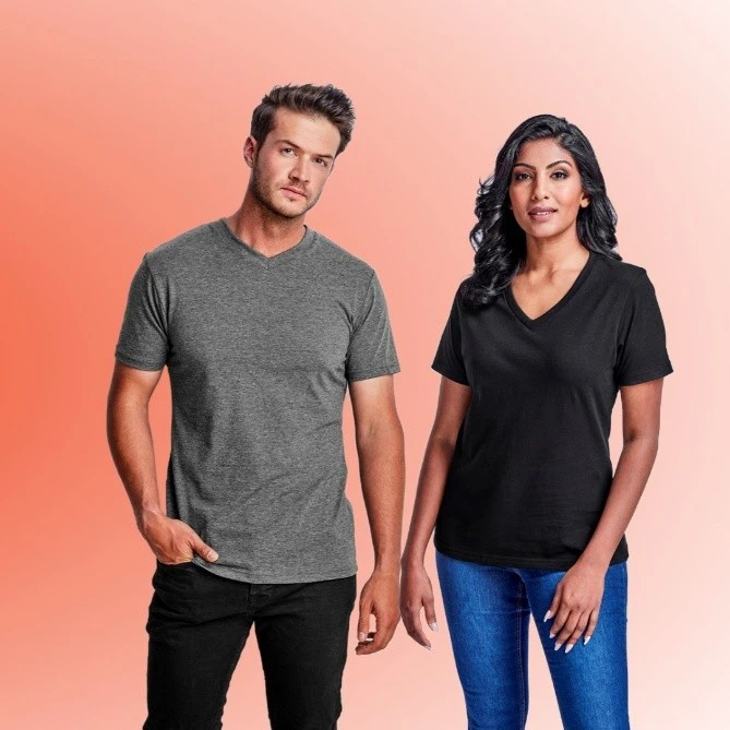 Man and woman wearing stylish corporate clothing, including branded T-shirts and bottoms, ideal for casual yet professional workplace wear.