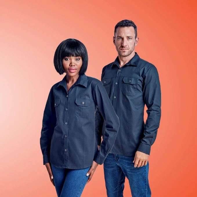 Man and woman wearing coordinated collared shirts in a casual style, representing branded corporate clothing with a relaxed yet professional vibe.